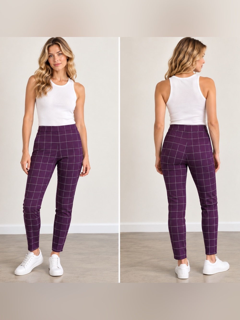 SOLD✅ Elle Purple Pull-on Windowpane Slim Pants S